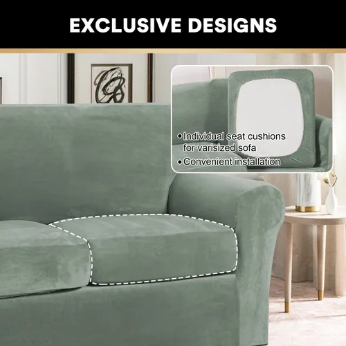 Miniatura 5 de PrinceDeco - 4 fundas de terciopelo para sofá de 3 cojines, protector suave de muebles con parte inferior elástica antideslizante, fundas de sofá