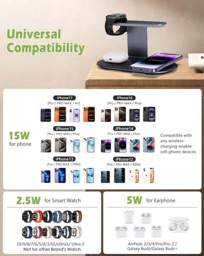 Miniatura 6 de KeeKit Cargador inalámbrico, estación de carga inalámbrica 4 en 1 con luz nocturna de atenuación, base de carga rápida para iPhone, iWatch, AirPods
