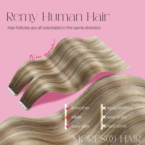 Miniatura 2 de Moresoo Extensiones de cabello humano con cinta, color degradado de castaño ceniza a rubio con mezcla con extensiones de cabello rubio claro