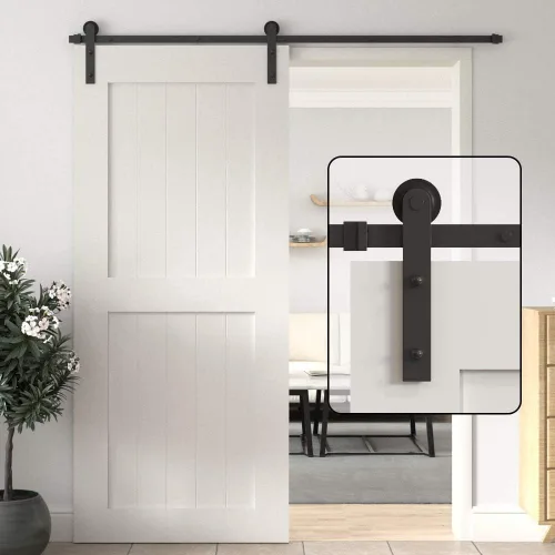 WINSOON Kit de herrajes para puerta de granero de 5 pies: herrajes para puertas correderas individuales - Kit de riel de puerta de granero negro Kit