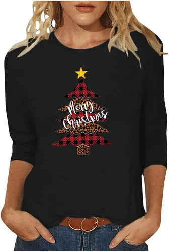 Tuianres Women's Christmas 34 Sleeve Dressy Tops Loose Funny Christmas Tree Shirts Vacation Round Neck T-Shirt Tops