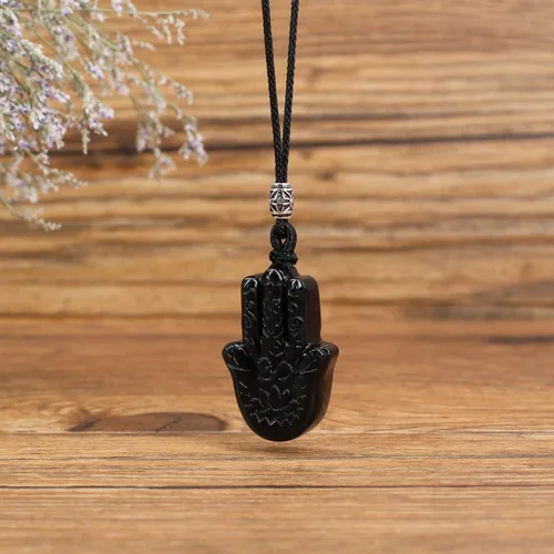 Miniatura 5 de COAI Collar de mano Hamsa curativa de obsidiana negra Piedra
