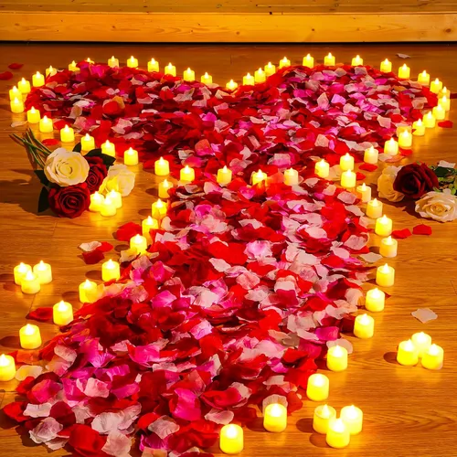 Coume 6000 pétalos de rosa artificiales con 72 velas LED sin llama, decoraciones románticas, velas falsas, decoraciones de aniversario para el día
