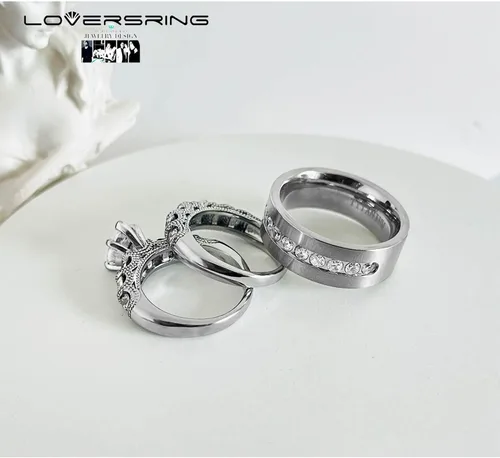 Miniatura 48 de Conjunto de dos anillos de boda para él y para ella, anillos para parejas. Anillos de compromiso para novia en acero inoxidable chapado en oro Blanco