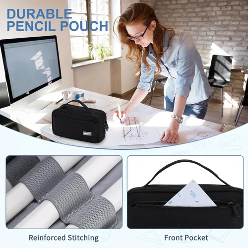 Miniatura 5 de VASCHY Estuche para lápices, organizador grande con cremalleras y asa superior, suministros escolares para niños, adolescentes, estudiantes
