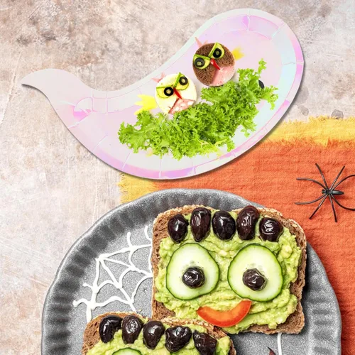 Miniatura 6 de Healifty Platos de papel desechables con temática de Halloween, con forma de fantasma, paquete de 40 unidades de 7.87 x 5.9 pulgadas, suministros