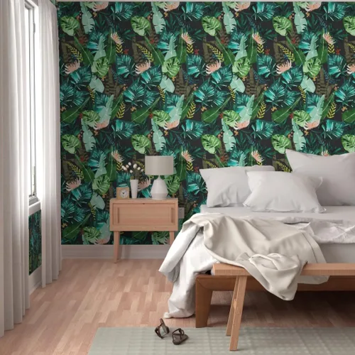 Miniatura 5 de Spoonflower Papel tapiz para despegar y pegar, hojas oscuras tropicales, hojas de plátano, selva, palma, verde, papel tapiz extraíble personalizado