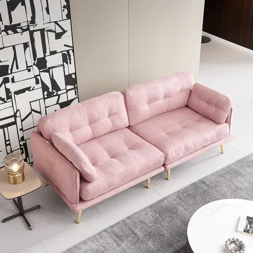Miniatura 4 de Anwick Sofá biplaza moderno de tela de lino tapizado de 3 plazas con patas de metal y almohada para sala de estar, dormitorio, apartamento, Rosado