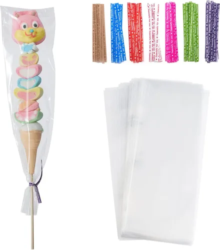 Tendwarm 100 bolsas largas transparentes de celofán de celofán de 4 x 11 pulgadas con 7 colores mezclados, lazos giratorios, perfectas para velas de