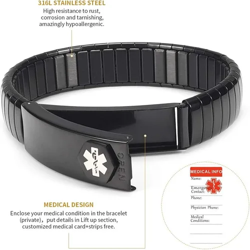 Miniatura 11 de Pulsera de alerta médica para hombres y mujeres, pulsera de identificación médica ajustable ajustable de acero inoxidable para diabetes, alergias