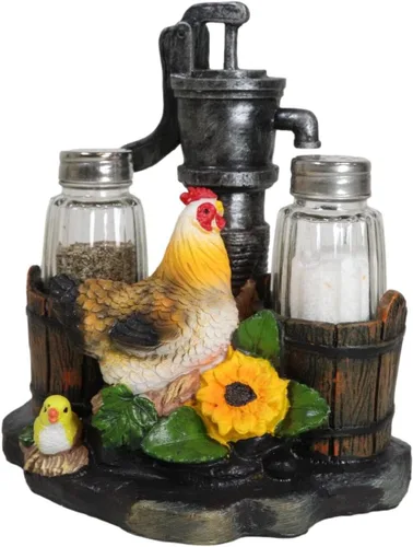 Ebros Country Animal Farm Pollo gallina con pollitos por riego, barriles de bomba y girasoles, salero y pimentero, figura como cocina, comedor,