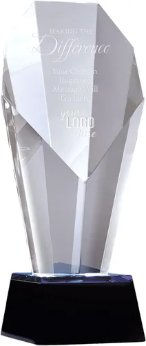Baudville Premios de trofeo de cristal grabado personalizado con acento azul - Viene con elegante caja de regalo negra - Reconocimiento del personal