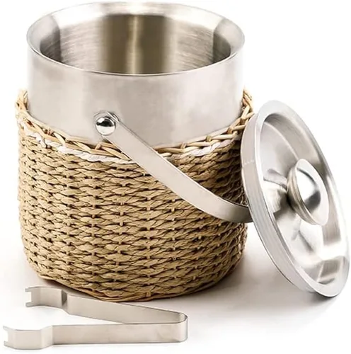 Cubo de hielo tejido a mano de acero inoxidable de 2 litros con tapa y pinzas de hielo, cubo de enfriamiento aislado con diseño de cuerda de papel