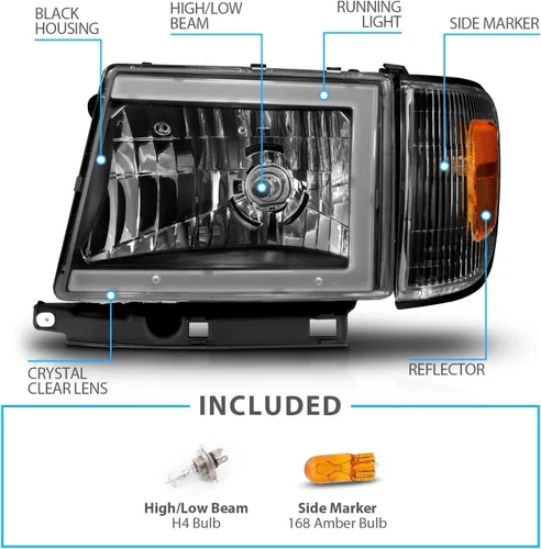 Miniatura 4 de AmeriLite para camioneta Toyota Tacoma 2WD 1997-2000, faros delanteros de tubo LED negros de repuesto + juego de luz de esquina - lado del pasajero