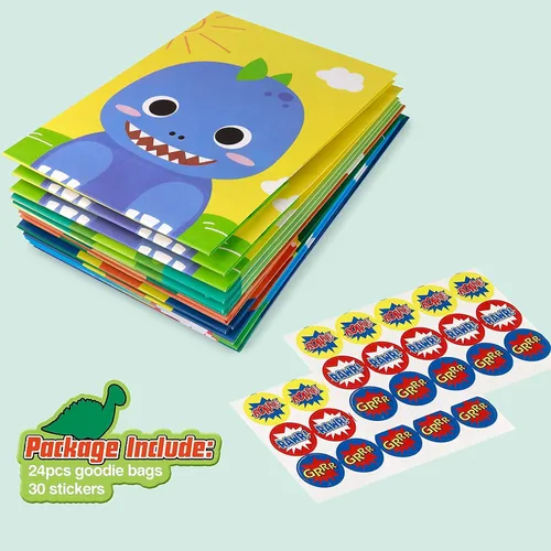 Miniatura 7 de Mocoosy 24 bolsas de recuerdo de fiesta de dinosaurios, bolsas de regalo para niños para suministros de cumpleaños, bolsas de golosinas