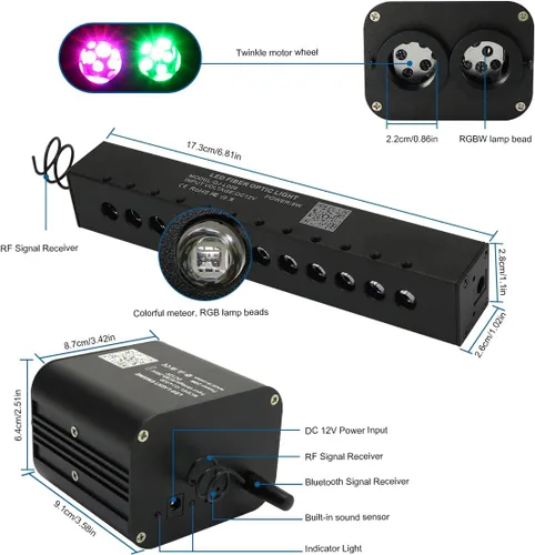 Miniatura 5 de AKEPO 20W RGBW Twinkle APP Luz de Color de 2 Cabezales, Luz de Fibra Óptica Meteoro Colorida, 1000pcs 0.03in 13.1ft Luz de Techo de Estrella