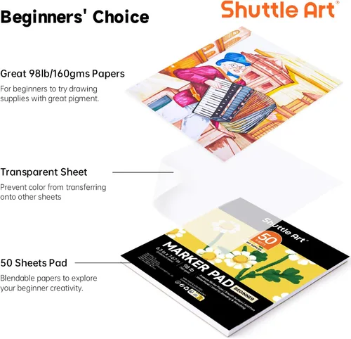 Miniatura 2 de Shuttle Art Almohadilla de Marcadores, Libro de Bocetos Cuadrado Portátil de 8.3”x7.67”, 50 Hojas de Papel para Dibujo con Marcadores, Papel de Arte