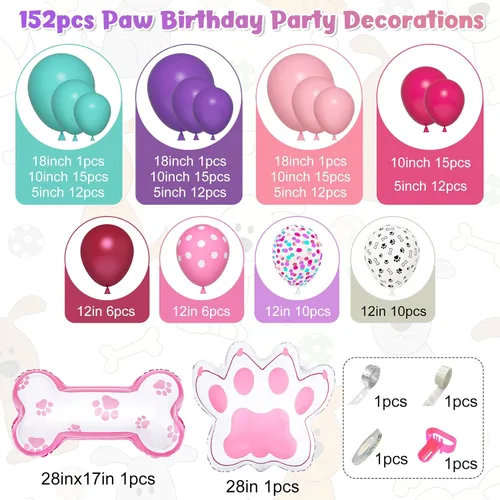 Miniatura 2 de Kit de arco de guirnalda de 147 piezas de globos con diseño de pata con globos con estampado de pata de perro rosa, morado, turquesa, globos