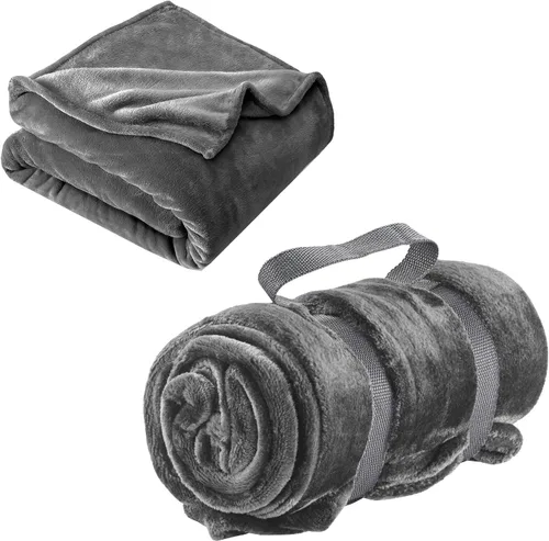 Lewis N. Clark Manta de viaje de felpa, Gris, Manta de viaje portátil de felpa súper suave para avión, campamento, oficina + bebé con correas de