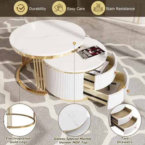 Miniatura 6 de Merax Moderno juego de mesa auxiliar redonda de 2 piezas con cajones de almacenamiento, patas de metal dorado, muebles de MDF que ahorran espacio