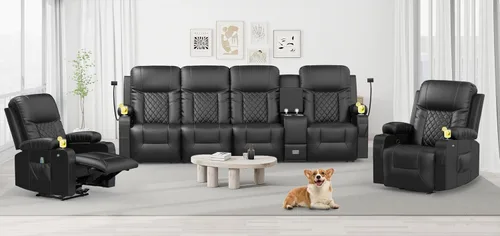 YONISEE Juego de sofá reclinable moderno - Sofá de 4 plazas y 2 sillas reclinables giratorias con calor y masaje para sala de estar (4+1+1)