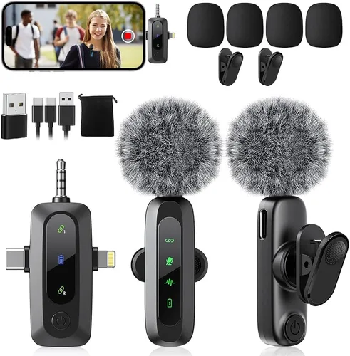 Miniatura 9 de Mini micrófono, 3 en 1 micrófonos de solapa inalámbricos para iPhone/iPad/Android/cámara (Lightning/USB/conector de 0.138 in), paquete de 2 Negro