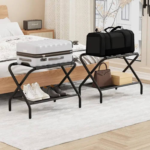 Miniatura 2 de Smuxee Portaequipajes Negro Paquete de 2, Soporte Plegable para Maletas con Estante de Almacenamiento de Tela, Portamaletas con 4 Correas de Nailon