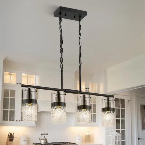 Miniatura 17 de LMS Paquete de 2 Luces Colgantes Modernas, Luz Colgante Dorada Cepillada para Isla de Cocina con Vidrio Martillado, Lámparas Colgantes Ajustables