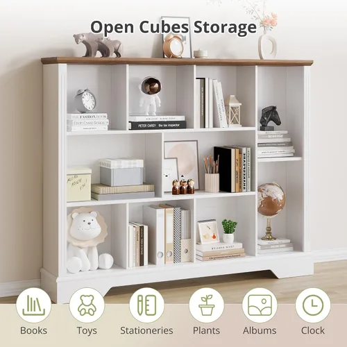 Miniatura 5 de Estantería de almacenamiento de 10 cubos, moderno organizador de almacenamiento de madera de 3 niveles, estantería abierta con base para sala