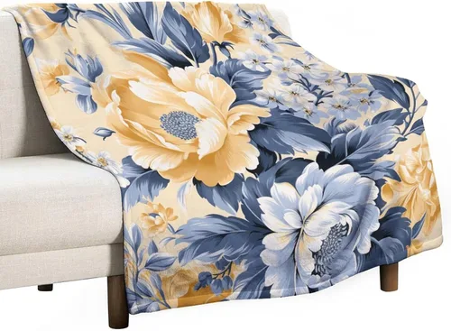Miniatura 50 de Mantas suaves y mantas para sofá, fina manta de franela de flores amarillas y azules polvorientas, manta de franela de flores amarillas y azules