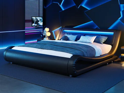 Miniatura 10 de WEEWAY Moderno marco de cama matrimonial con cabecera de luces LED RGBW, diseño de trineo tapizado de perfil bajo, soporte de listones de madera