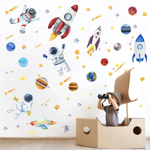 Miniatura 3 de Yovkky Calcomanía de pared de astronauta espacial, nave espacial, galaxia, sistema solar, planeta, pegatina, acuarela, cohete, cosmonauta, nave