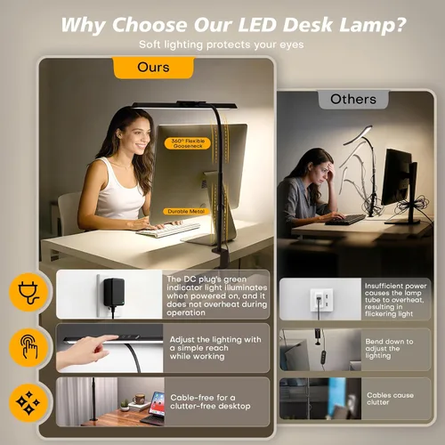 Miniatura 4 de Lámpara de escritorio LED para oficina y hogar, luz de escritorio de arquitecto con atenuación continua con adaptador de CC, lámpara de escritorio