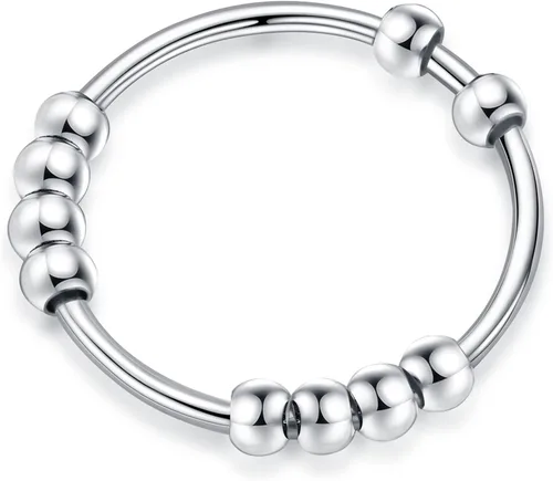 Miniatura 8 de Ursilver Anillo giratorio de plata de ley S925 para mujeres, anillo de ansiedad, anillo para aliviar el estrés con cuentas, anillo fidget, plata