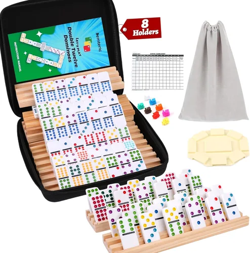 Juego de Dominó de Tren Mexicano Doble 12 con Puntos de Colores con 8 Soportes de Madera y 91 Fichas, Estuche de Viaje Portátil, Juego de Mesa