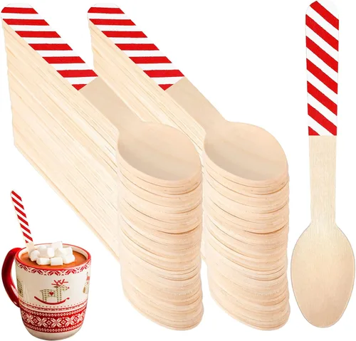 Miniatura 9 de Umigy 100 cucharas de madera desechables de 5.5 pulgadas, cucharas de madera desechables de Navidad con patrón de cuchara de madera para chocolate