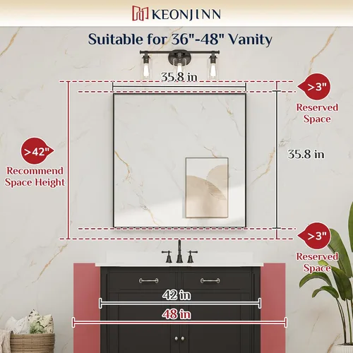 Miniatura 6 de Keonjinn Espejo de baño dorado cepillado de 36 x 36 pulgadas, espejo cuadrado de pared dorado con marco de metal, espejo rectangular para baño
