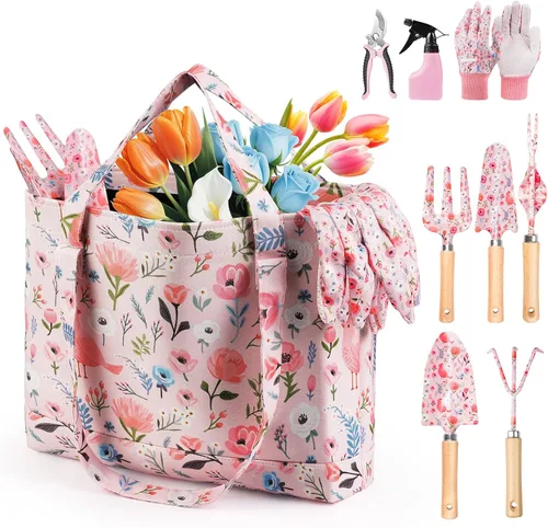 Miniatura 9 de Grenebo Herramientas de Jardinería, Juego de Regalo de Jardinería de 10 Piezas para Mujeres, Herramientas Antióxido y Resistente con Bolsa Rosa