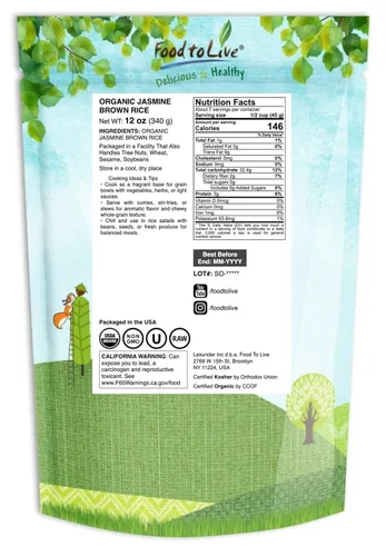 Miniatura 2 de Food to Live Arroz orgánico de jazmín marrón, 12 onzas, sin OMG, arroz integral, variedad de grano largo, no irradiado, kosher, vegano. Rico