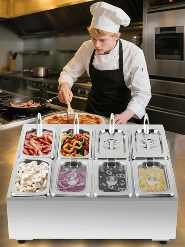 Miniatura 7 de Kalolary Estación de Almacenamiento para 8 Bandejas de Pizza con Tapas, Contenedores de Acero Inoxidable para Condimentos con Cucharas, Juego