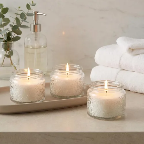 Miniatura 7 de Paquete de 18 unidades de recipientes de vela de vidrio en relieve de 4 onzas con tapas y etiquetas, tarros de vela transparentes para hacer velas