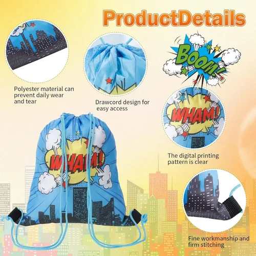 Miniatura 3 de Clabby 12 mochilas con cordón para fiesta de héroes a granel, bolsas de regalo, bolsas de regalo de cómics Boom para fiesta de cumpleaños