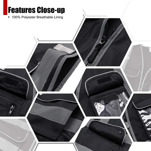 Miniatura 3 de Chalecos de seguridad reflectantes clase 2 retro con 9 bolsillos y cremallera frontal ANSI/ISEA 107-2015 (Negro-03, S)