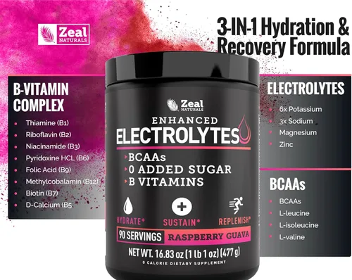 Miniatura 6 de Zeal Electrolyte Powder - 90 porciones Polvo de electrolitos Keto Cero azúcar, BCAA, vitaminas B Potasio, zinc, magnesio Bebida