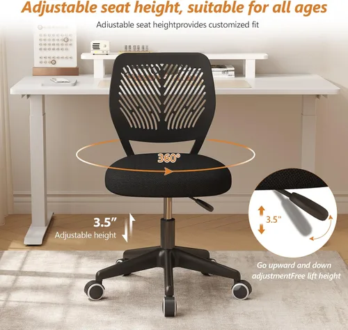 Miniatura 6 de JPBSTO Silla de escritorio sin brazos, silla giratoria de oficina ajustable con cojín acolchado de malla suave, silla ergonómica pequeña