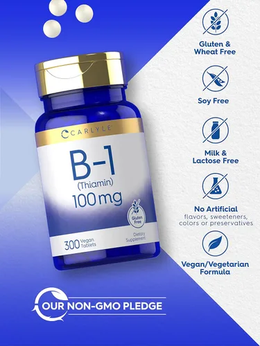 Miniatura 4 de Carlyle Vitamina B1 de 100 mg 300 tabletas Suplemento para mujeres y hombres como tiamina HCl Vegano, sin OMG y sin gluten