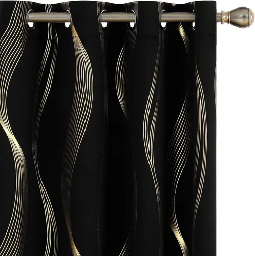 Deconovo - Cortinas opacas con ojales y patrón estampado dorado, Negro/Onda, 52" de ancho x 84" de largo