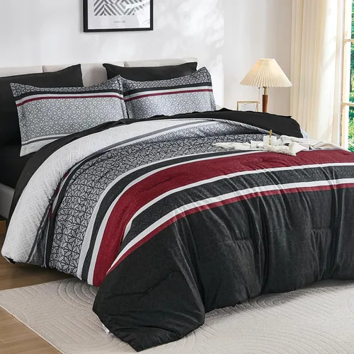 Miniatura 17 de WONGS BEDDING Juego de edredón Beige tamaño Queen, juego de 7 piezas de edredón y sábanas con tiras en una bolsa, juego de ropa de cama
