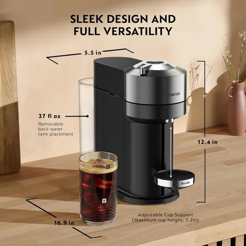 Miniatura 8 de Nespresso Vertuo Next Deluxe - Cafetera de café y café expreso, cromo puro con espumador de leche Aeroccino, 1.1 litros, color negro, cromo oscuro