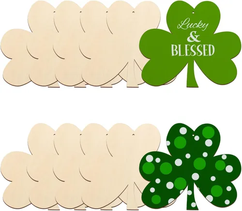 Grandes decoraciones de madera de trébol de 7" para pintar, discos de madera redondos en blanco para San Patricio, decoraciones para colgar (10
